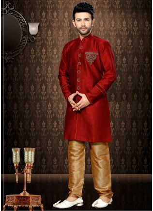 Readymade Maroon Art Silk Indo Western Sherwani