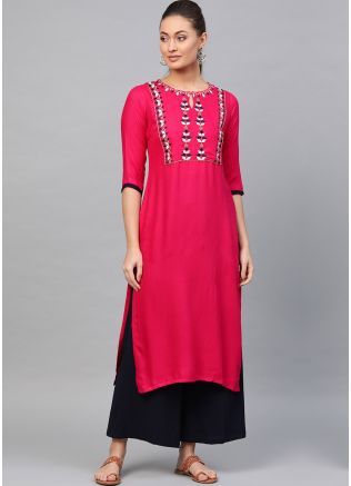Pink Embroidered Straight Cut Kurta With Palazzo