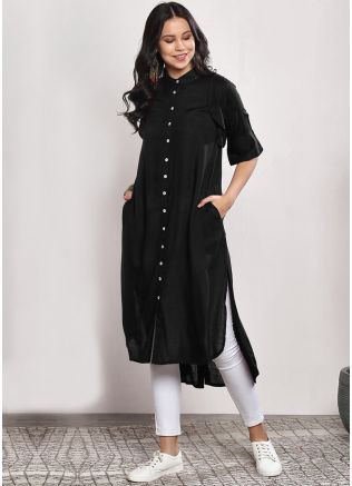 Black Readymade Rayon Front Slit Style Kurta Set