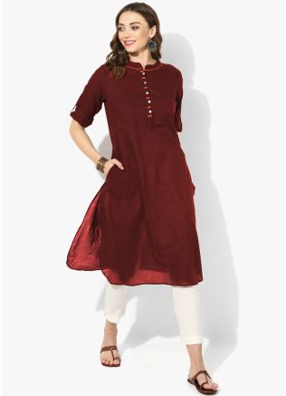 Maroon Readymade Straight Cut Kurta Pant Set