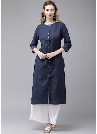 Navy Blue Readymade Front Slit Kurta With Palazzo