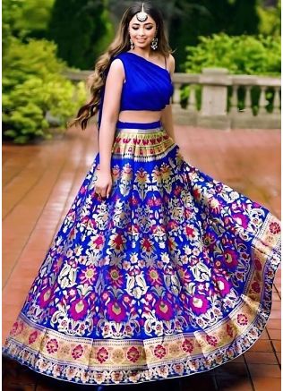 Blue Zari Woven Lehenga Choli In Jacquard
