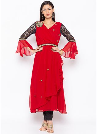 Red Asymmetric Twin Layered Bell Sleeved Kurta Set