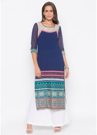 Blue Straight Cut Printed Border Kurta With Palazzo