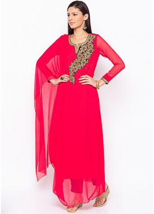 Red Asymmetric Readymade Embroidered Kurta Set