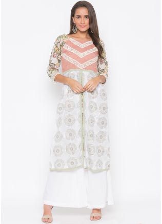 White and Peach Printed Layered Front Slit Kurta Set