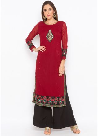 Maroon Embroidered Readymade Kurta Palazzo Set