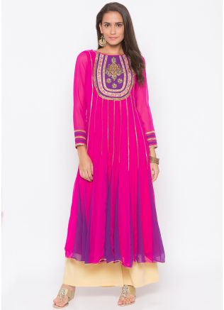 Pink and Purple Readymade Embroidered Flared Kurta Set