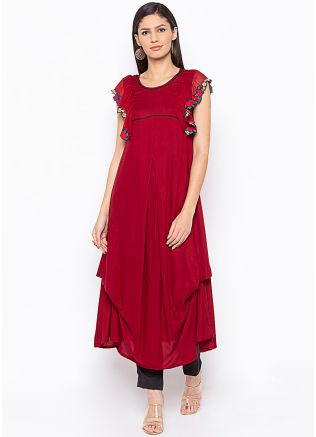 Maroon Readymade Asymmetric Drape Style Kurta Set