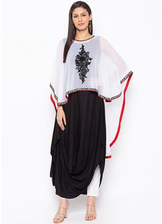 White and Black Cape Style Asymmetric Cowl Kurta Set