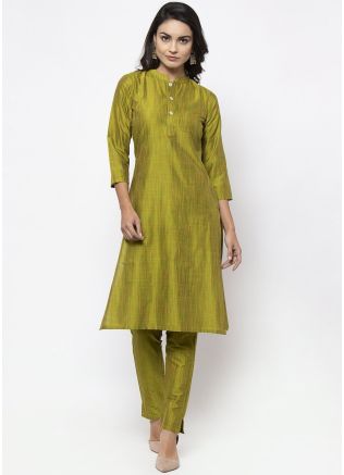 Readymade Green Cotton Silk Long Kurta With Pant