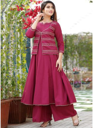 Magenta Cotton Gota Patti Laced Jacket Style Kurta Set