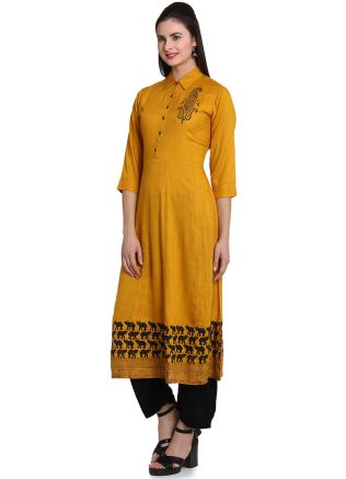 Yellow Block Printed Readymade Kurta With Palazzo