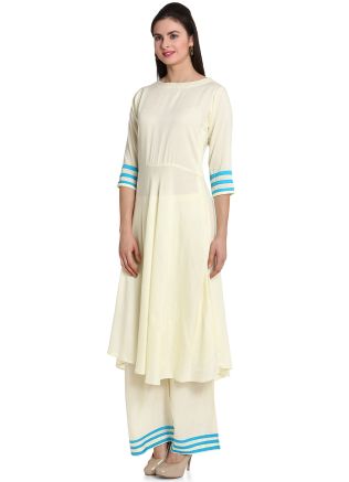 Readymade Cream Rayon Flared Kurta With Palazzo