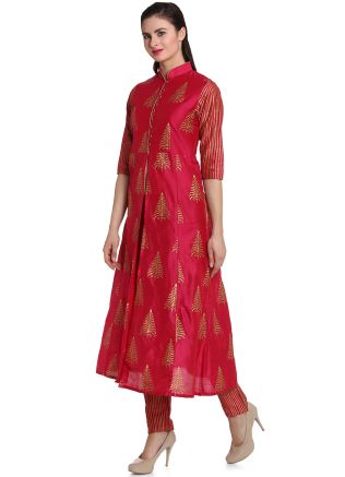 Readymade Red Block Printed Slit Style Kurta Set