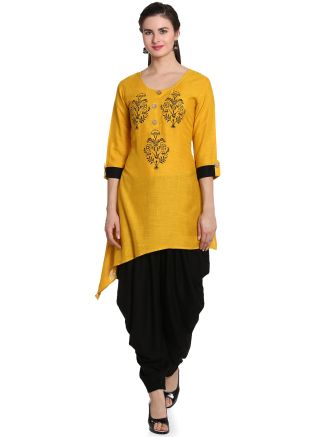 Yellow Floral Block Printed Asymmetric Kurti Dhoti Set