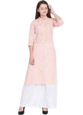 Peach Cotton Slit Style Long Kurta Palazzo Set