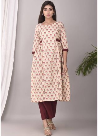 Cream Floral Block Printed Readymade Kurta Set