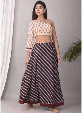 Cream Block Printed One Shoulder Top Skirt Set