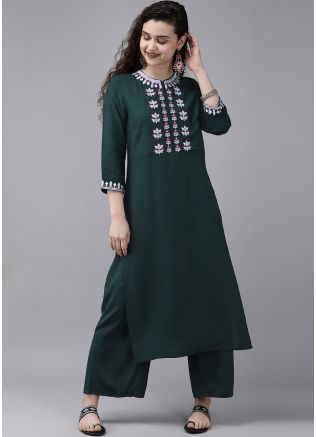 Green Embroidered Readymade Kurta With Palazzo