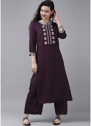 Purple Readymade Embroidered Kurta Palazzo Set