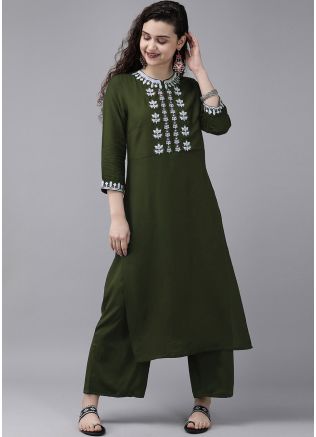 Green Embroidered Readymade Rayon Kurta Set