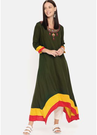 Readymade Green Asymmetric Kurta Pant Set