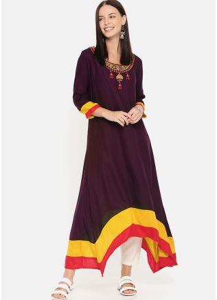 Purple Rayon Readymade Asymmetric Kurta Set