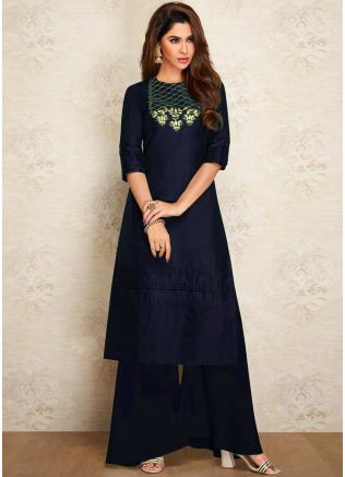 Readymade Navy Blue Embroidered Kurta Set