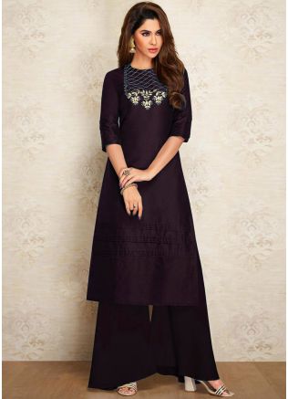 Purple Embroidered Readymade Kurta Palazzo Set