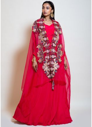 Readymade Pink Top Skirt With Embroidered Cape