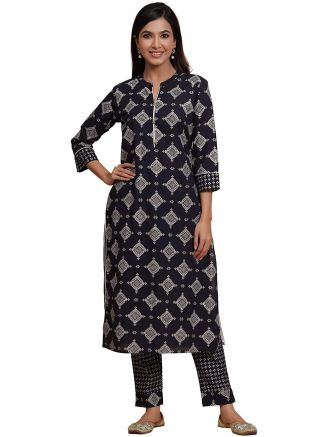 Printed Black Readymade Suit With Cotton Pant