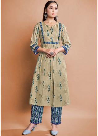 Beige Readymade Floral Kurta Pant Set