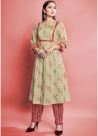 Printed Readymade Beige Cotton Kurta Set