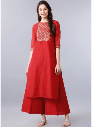 Readymade Embroidered Red Rayon Kurta Set