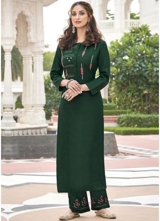 Green Readymade Embroidered Kurta Pant Set