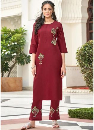 Maroon Embroidered Readymade Kurta Set