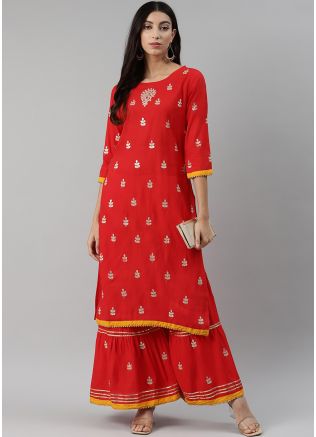 Red Gota Patti Embroidered Kurta With Gharara