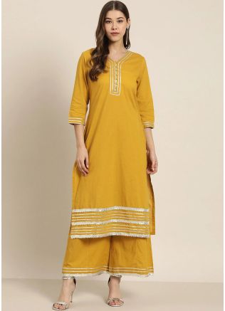 Yellow Readymade Gota Patti Laced Kurta Palazzo Set