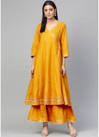 Yellow Gota Patti Embellished Angrakha Style Kurta Set