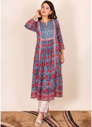 Readymade Blue Block Printed Gathered Kurta Set