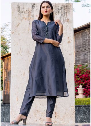 Readymade Blue Chanderi Kurta Set