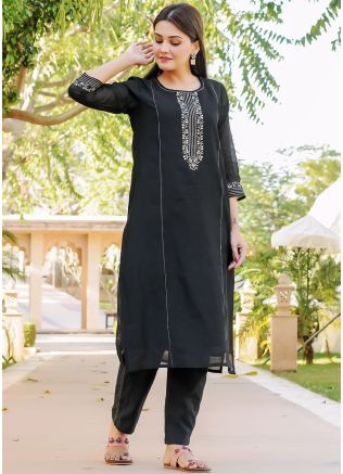 Readymade Black Chanderi Kurta Set