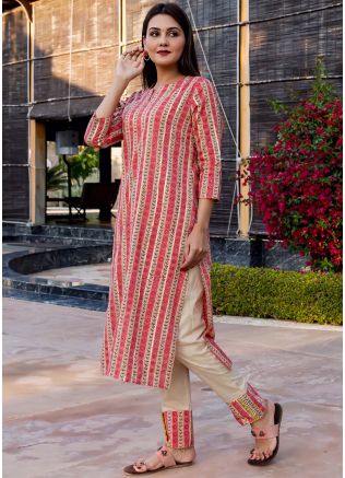 Readymade Peach Cotton Kurta Set