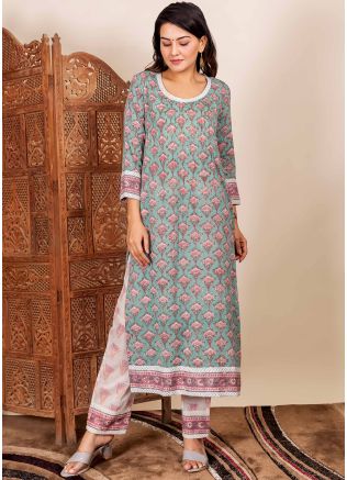 Readymade Green Block Printed Kameez Pant Set