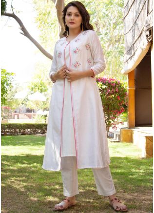 Readymade White Jacket Style Kurta Pant Set