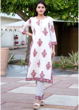 Readymade White Floral Kurta Pant Set