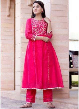 Readymade Pink Anarkali Kurta Set In Chanderi