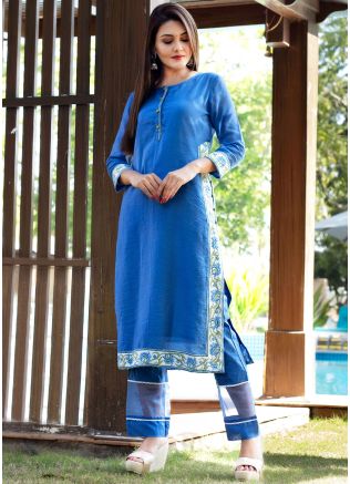 Blue Readymade Chanderi Kurta Set