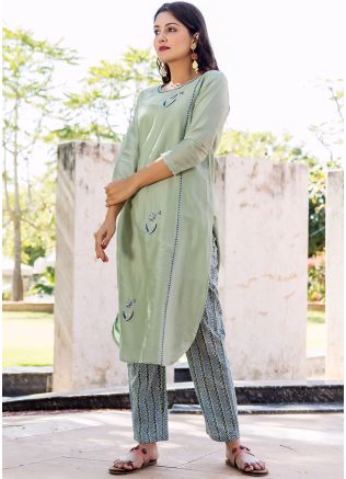 Green Embroidered Readymade Kurta Set